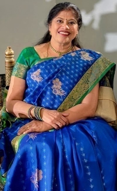 VARNA founder in a blue silk sari