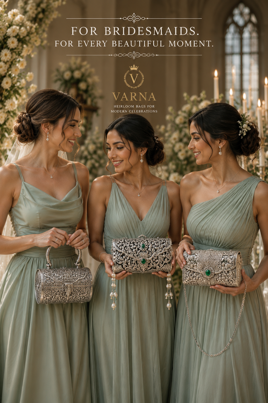 Bridesmaids carrying handcrafted silver VARNA bags