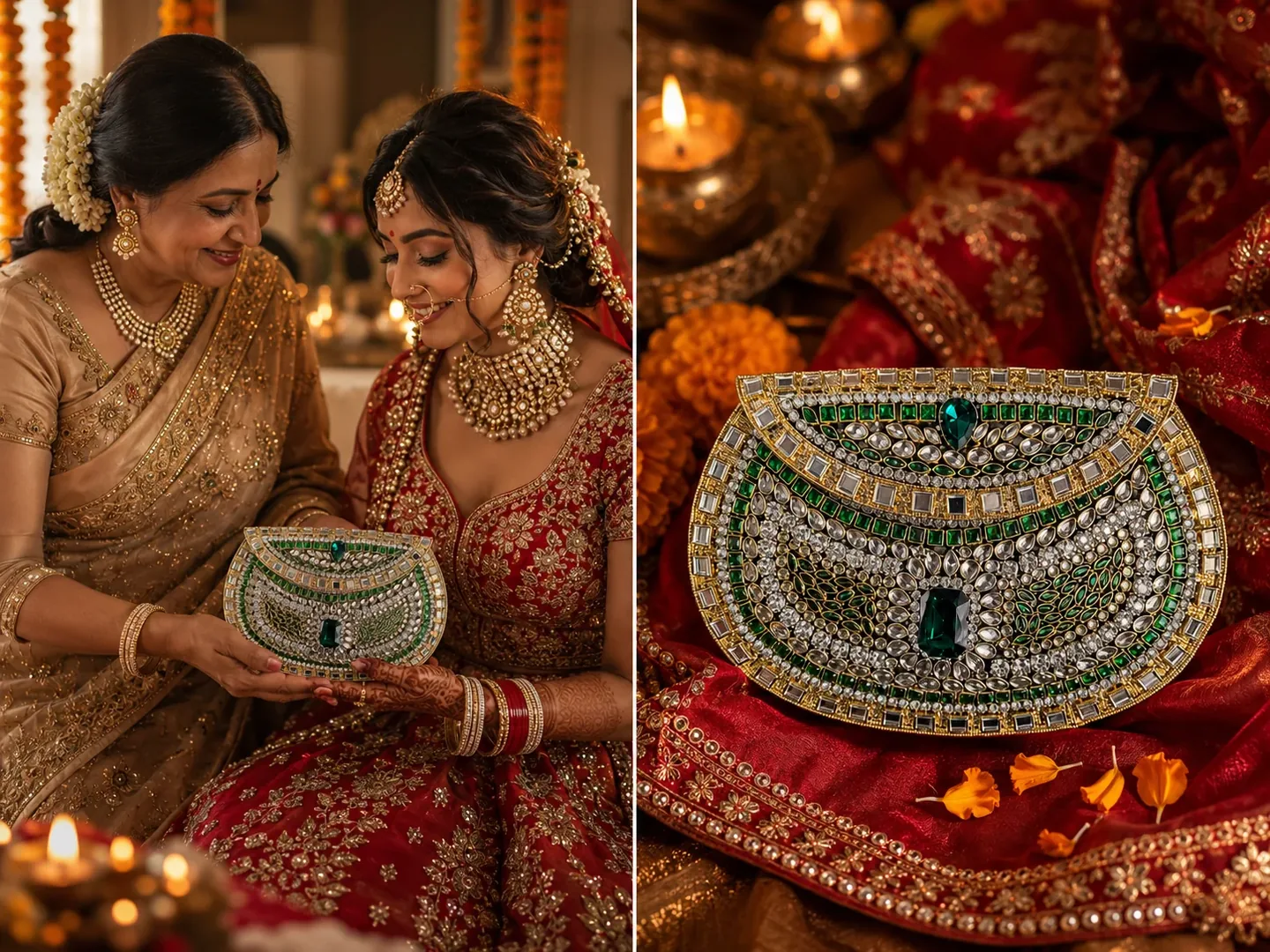 Indian bride and mother sharing a handcrafted VARNA clutch