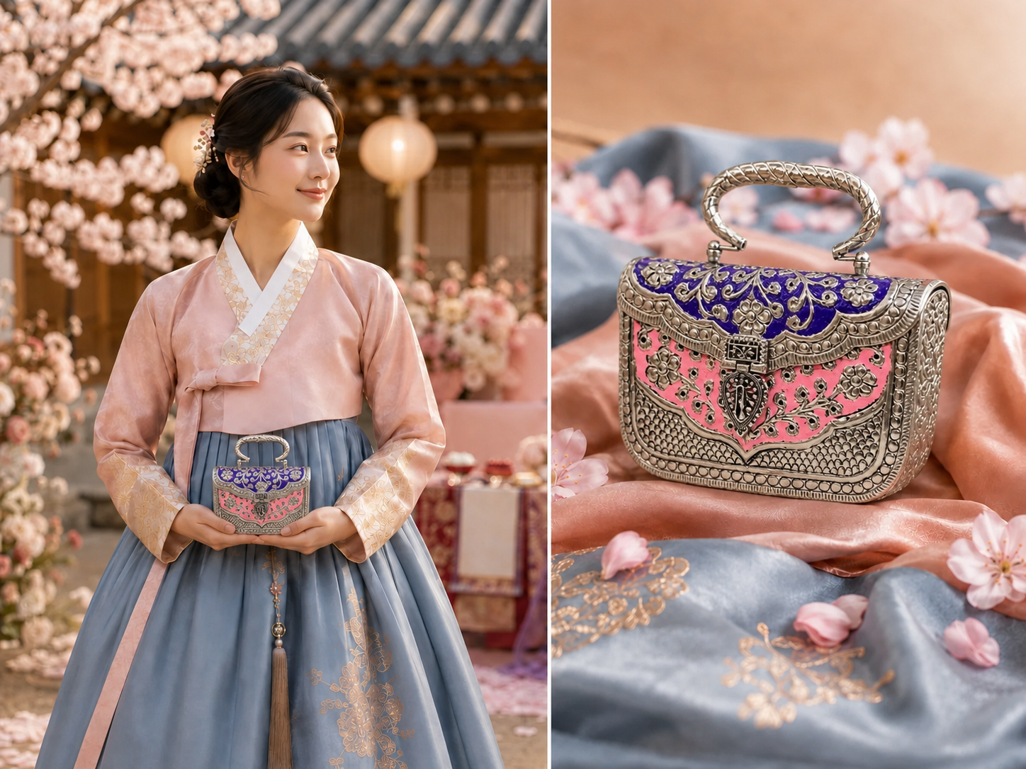 Bride in a blush-and-blue ceremony look carrying a handcrafted VARNA purse