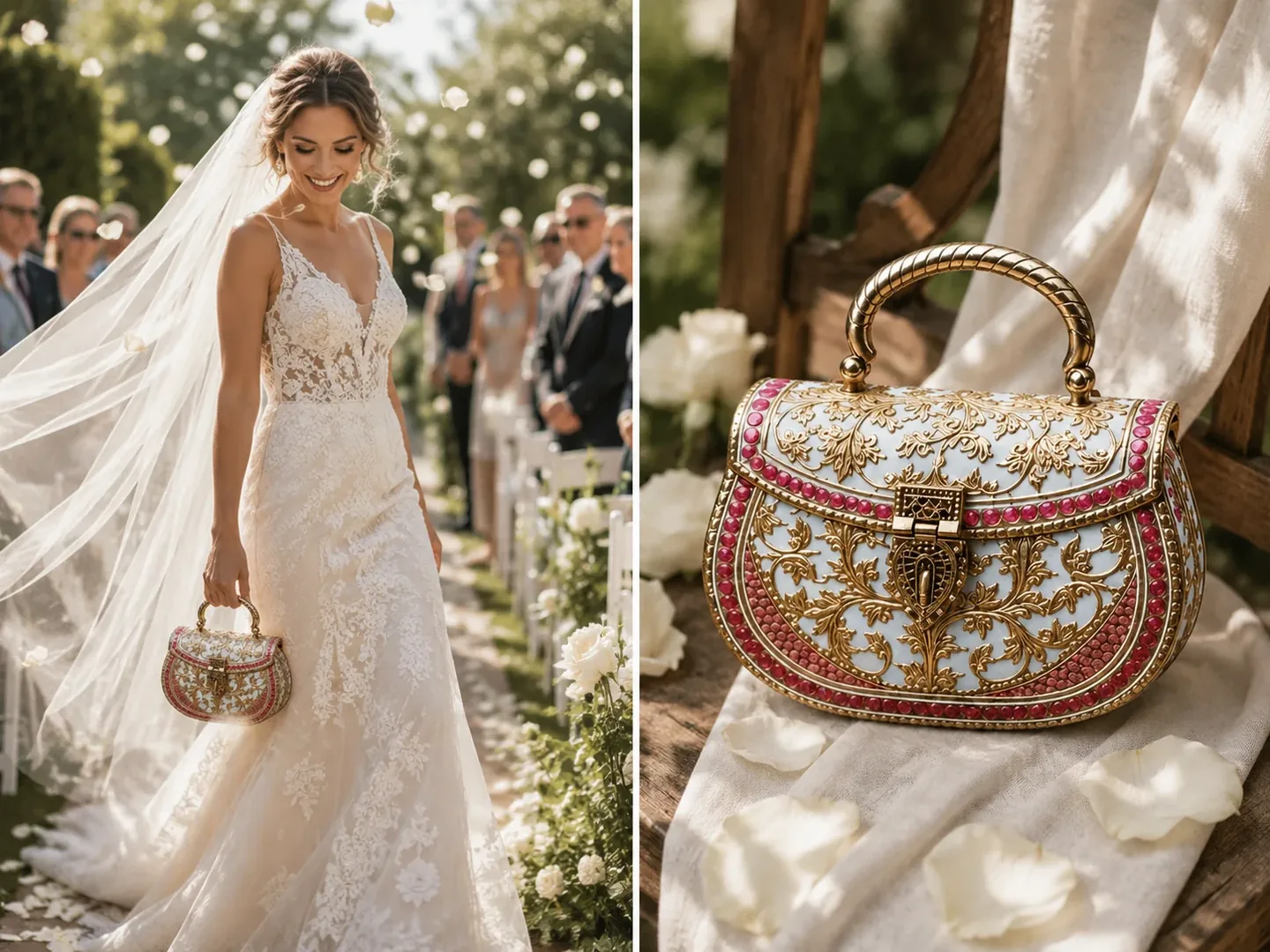 Western bride carrying a handcrafted VARNA clutch