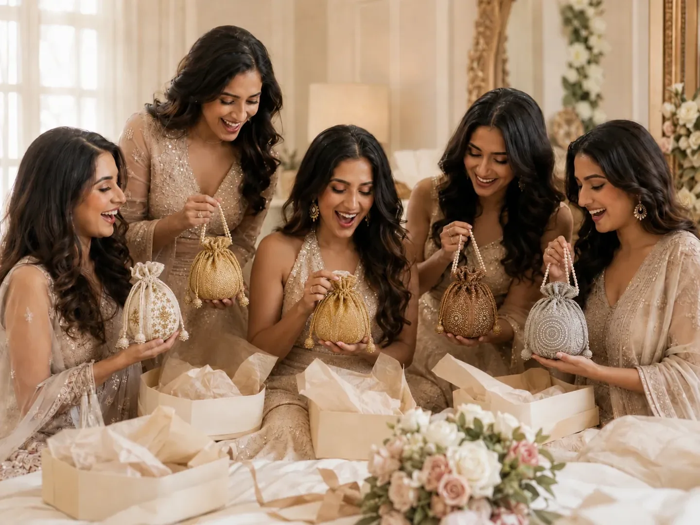 Bridal party gathered with handcrafted VARNA bags