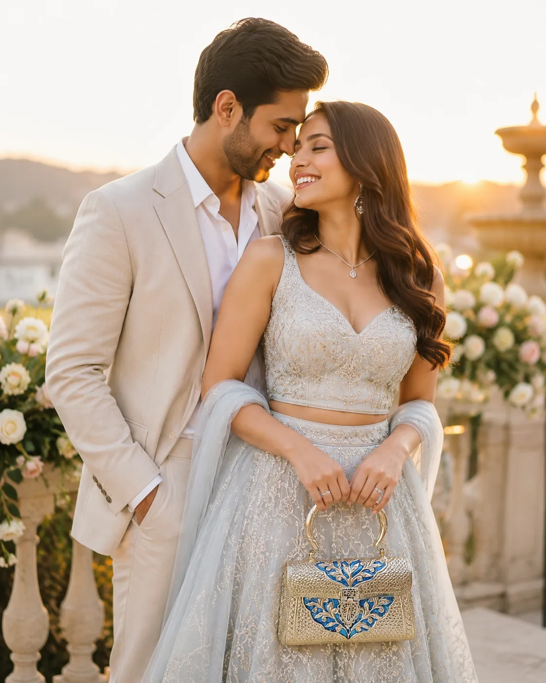 Engagement portrait with a blue and silver VARNA clutch